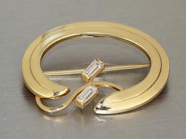 Brosche Gold 585 mit 2 Zirkonias, Goldbrosche 14 kt Gelbgold