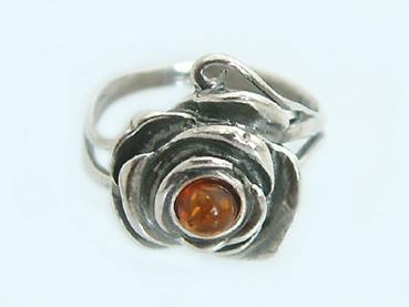 Ring Silber 925 Rose mit Bernstein - Silberring zur Tracht Rosenring