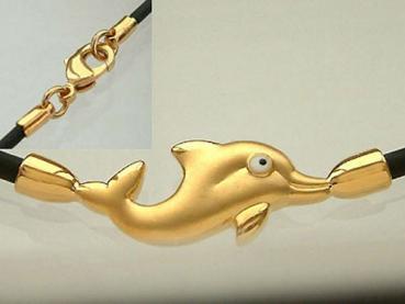 Kette und Anhänger Gold pl - Delfin an Kautschukkette - Collier Delfin vergoldet