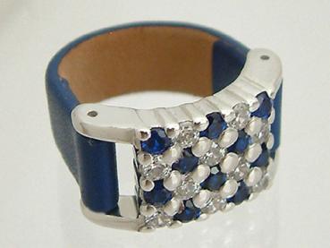 Ganz besonderer Ring - Silberring 925 - Lederring mit Zirkonias in Blau und Weiß