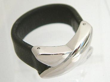 Schwarzer Lederring - Ring Leder mit Silber X - Silberring 925 - Designerring