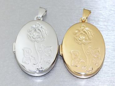 Ovales Medaillon Silber 925 rhodiniert o. Gold mit Rose Anhänger Silbermedaillon