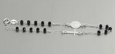 Rosenkranz Armband Silber 925 rhodiniert schwarze Perlen Kreuz Maria 22, 5 cm