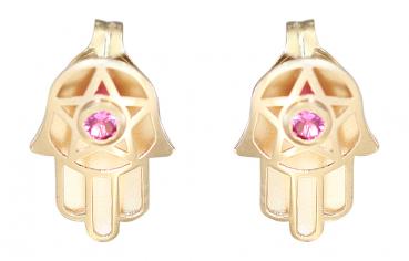 Hand der Fatima Ohrstecker Gold 585 mit Rubin Ohrringe Goldohrstecker Hamsa