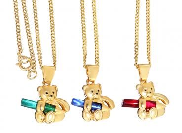 Kette und Anhänger Teddybär Gold pl Panzerkette Anhägner Teddy  grün rot